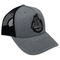 Full Keel Trucker Hat Grey and Black  60% Cotton, 40% Polyester
100% polyester mesh back
Structured, mid-profile, six-panel
Pre-curved contrast stitched visor
Snapback closure
Faux leather patch of full keel coffee logo